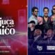 Split event poster left side shows red promo for Feijúca do Chico with date  de agosto de  at Arena Lucky Friends right side lists confirmed artists against a blue backdrop