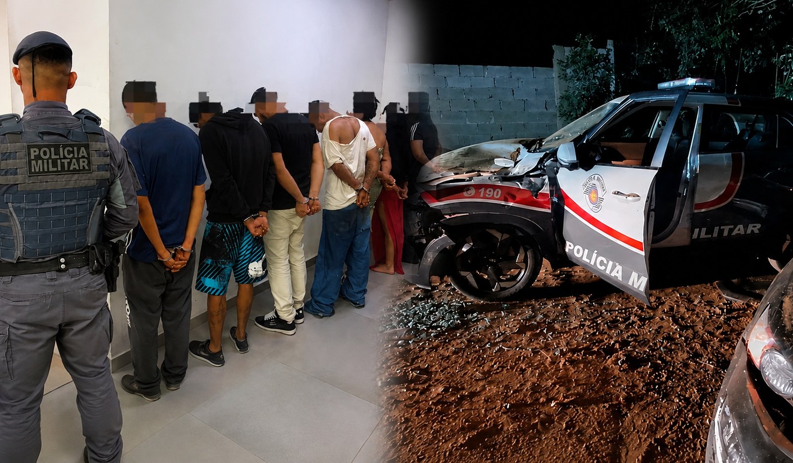 Police lineup officers in uniform with detainees handcuffed against a wall inside a station