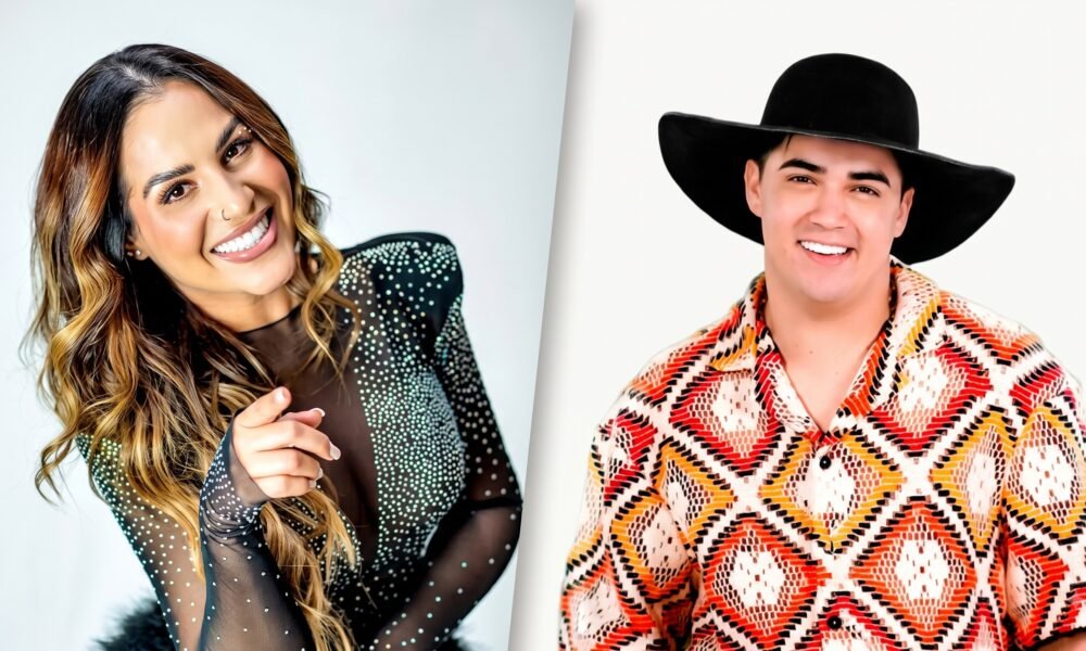 Smiling woman with long wavy hair in a dotted sheer black top on the left, and a smiling man in a black hat and colorful geometric shirt on the right (split-screen portrait).