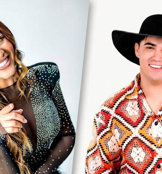 Smiling woman with long wavy hair in a dotted sheer black top on the left and a smiling man in a black hat and colorful geometric shirt on the right split screen portrait