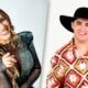Smiling woman with long wavy hair in a dotted sheer black top on the left and a smiling man in a black hat and colorful geometric shirt on the right split screen portrait
