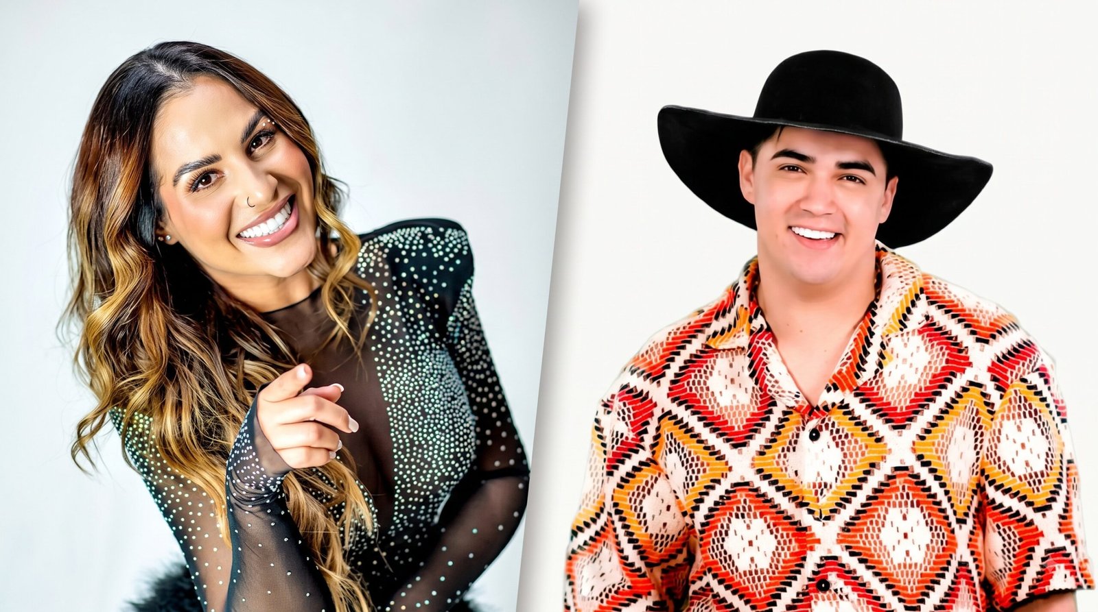 Smiling woman with long wavy hair in a dotted sheer black top on the left and a smiling man in a black hat and colorful geometric shirt on the right split screen portrait