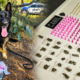 A black and tan German Shepherd on a leash sits beside scattered plastic bags of evidence on the ground with a patrol car in the background