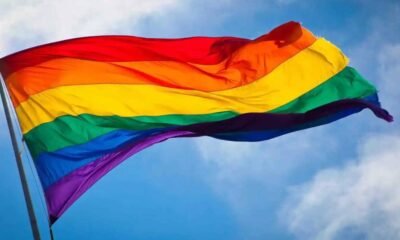 Rainbow Pride flag waving against a blue sky, symbolizing LGBTQ+ pride and diversity.",