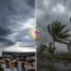 Split view left side shows a city under dark storm clouds right side shows wind swept palm trees and a rain soaked road with a stormy sky centered by a circular logo