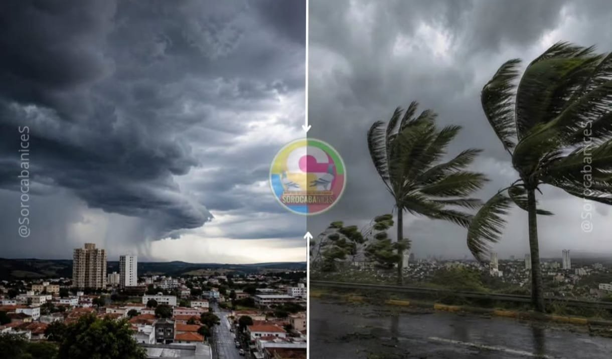 Split view left side shows a city under dark storm clouds right side shows wind swept palm trees and a rain soaked road with a stormy sky centered by a circular logo