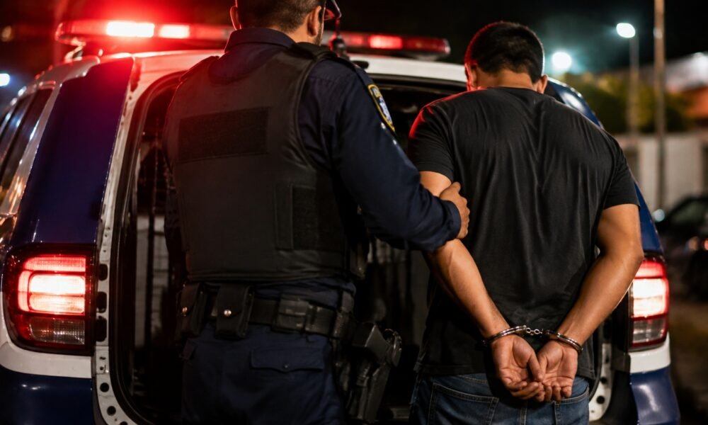 Officer in tactical vest guiding a handcuffed detainee toward the open police SUV at night, red emergency lights flashing in the background.