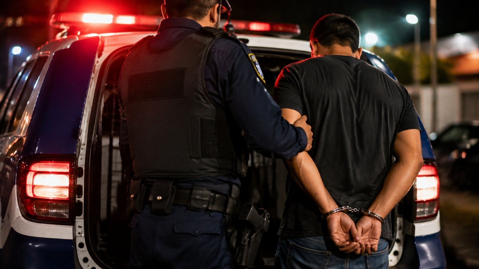 Officer in tactical vest guiding a handcuffed detainee toward the open police SUV at night red emergency lights flashing in the background