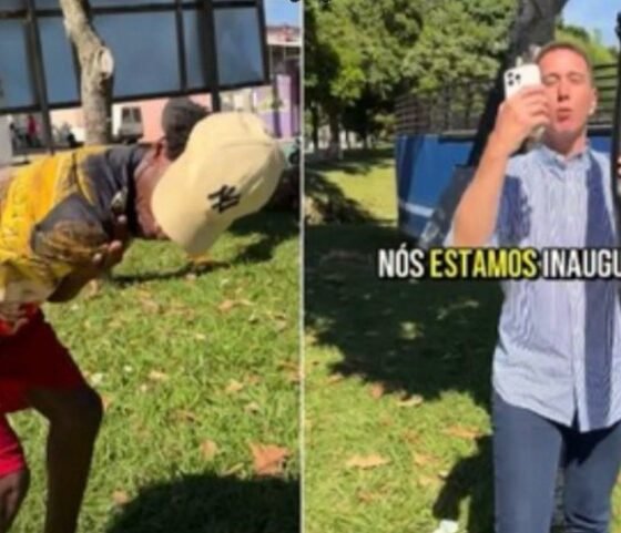 Split screen scene left shows a man in a yellow shirt and cap bending forward near grass right shows a man in a striped shirt holding a long black object with text NOS ESTAMOS INAGURANDO on screen