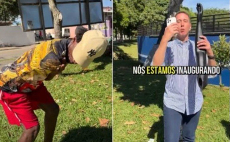 Split screen scene left shows a man in a yellow shirt and cap bending forward near grass right shows a man in a striped shirt holding a long black object with text NOS ESTAMOS INAGURANDO on screen