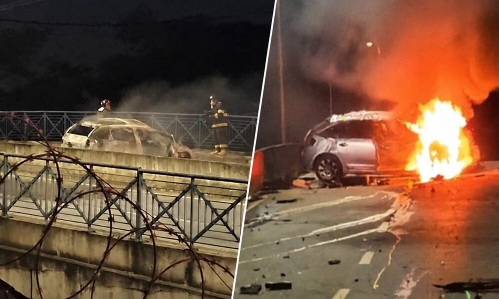 Two views of a car crash at night: on the left, a burnt-out car on a bridge with firefighters nearby; on the right, a car engulfed in flames with debris around.