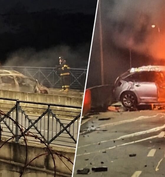 Two views of a car crash at night on the left a burnt out car on a bridge with firefighters nearby on the right a car engulfed in flames with debris around