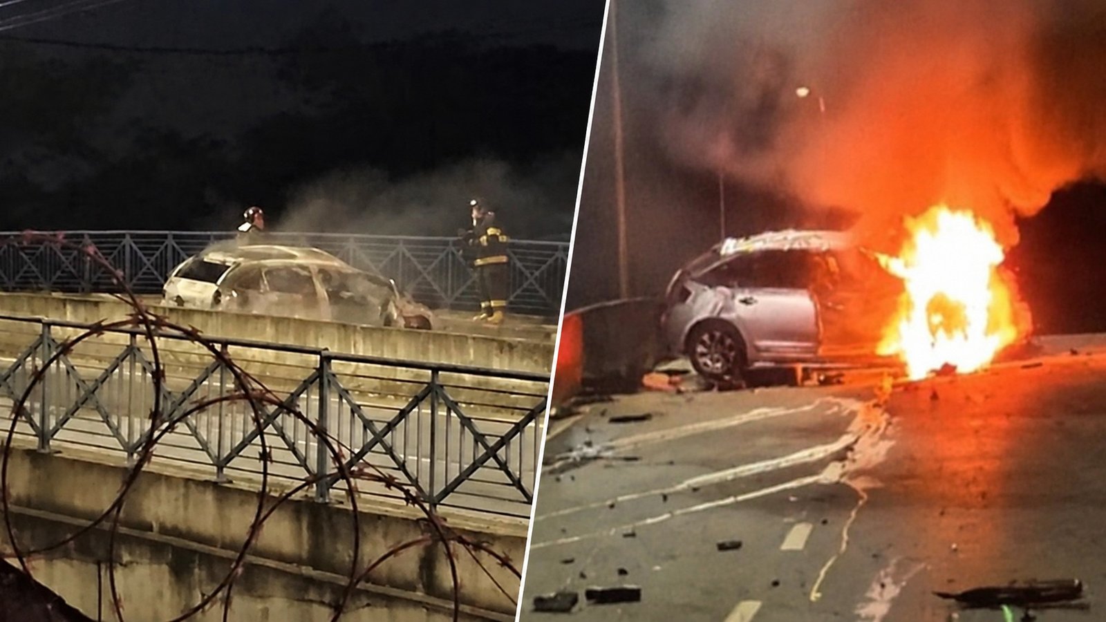 Two views of a car crash at night on the left a burnt out car on a bridge with firefighters nearby on the right a car engulfed in flames with debris around